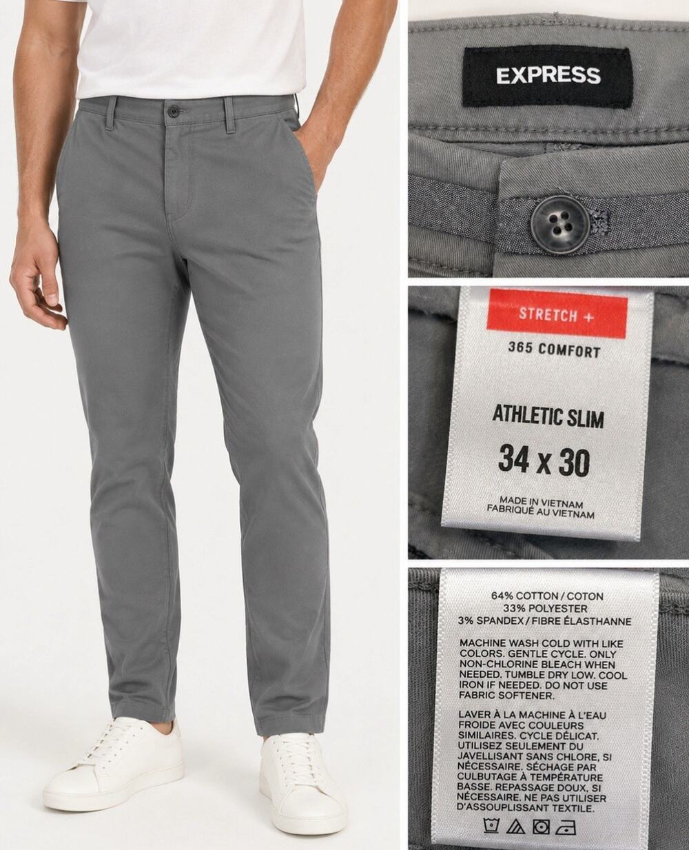 Career Office Express Men's Athletic Slim Chino Pants Size 34x27.5 Gray Stretch